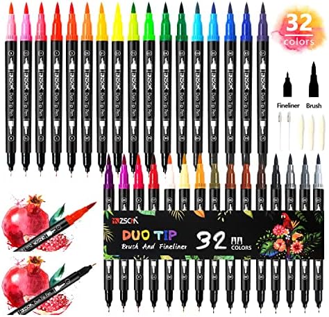ZSCM 32 Colors Markers for Adult Coloring Books No Bleeding - Duo Tip Pens | Fine & Brush Coloring Marker for Adult Calligraphy, Illustration, Cards Drawing, Note taking Lettering, Journaling