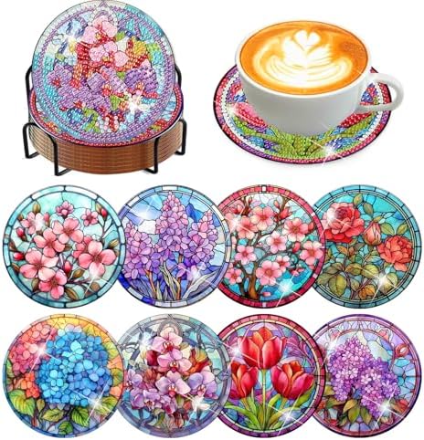 8 Pcs Diamond Art Coaster Kit for Adult with Holder, Diamond Coasters 4x4in