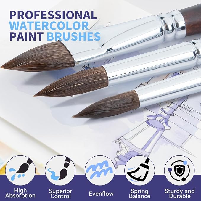 Transon 11pcs Sable Watercolor Brushes Professional Brush Set for Watercolor Painting Gouache Painting