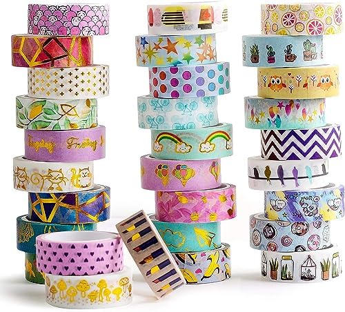 30 Rolls Gold Foil Washi Tape - 15mm Wide Cute Masking Tape for Scrapbook, Bullet Journal, Planner, Arts & Crafts