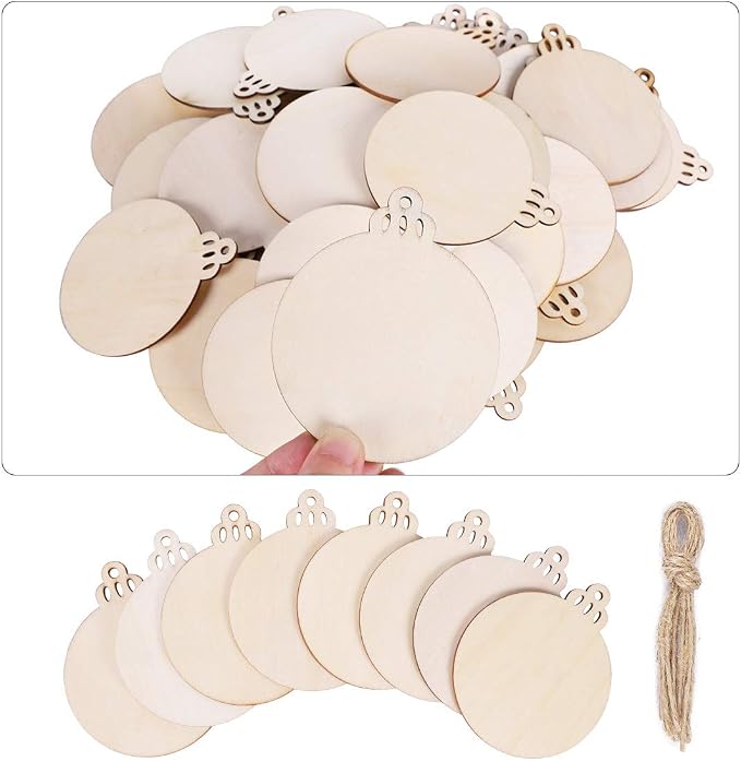 Max Fun 60PCS 3.5" DIY Wooden Christmas Ornaments Wood Slices for Crafts | Blank Unfinished Predrilled Wood Slices Circles, Round Centerpieces Discs, Holiday Hanging Decorations