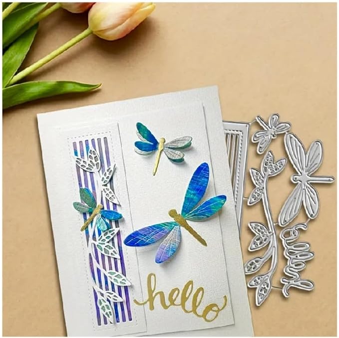 Scrapbooking Die-Cuts, Happy Birthday Ballon Metal Cutting Dies for Card Making, Paper Craft Punch Template, Background Embossing Stencils, DIY Album Décor(Striped Dragonfly Vines-12.8x9.1cm)