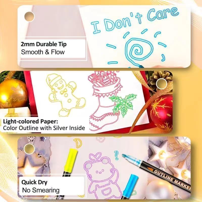 Outline Marker Self-outline Metallic Markers, 12 Colors Squiggles Shimmer Outline Markers Pen Set for Drawing Art School Supplies, Glitter Pen Set for Cards Lettering, Gift for 4-12 Year Old Girl