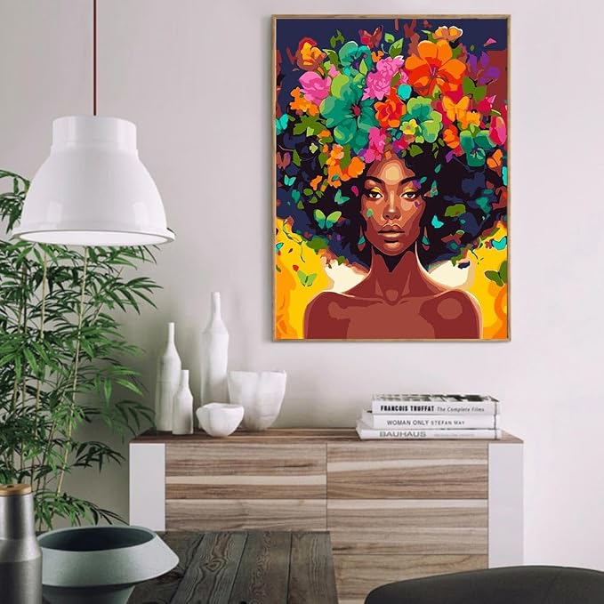 Clendo DIY African Woman Paint by Numbers for Adults Canvas, Flowers and Girl Paint by Number Kits on Canvas - Frameless Oil Painting Kits Arts and Crafts for Home Decor Present 16x20 inch