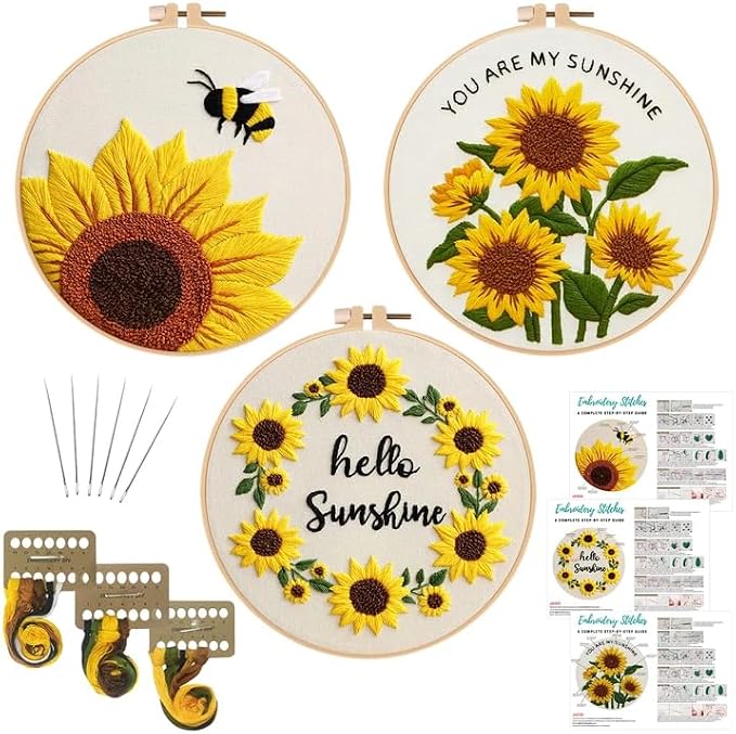 Nuberlic 3 Pack Embroidery Kit for Beginners with Sunflower Pattern