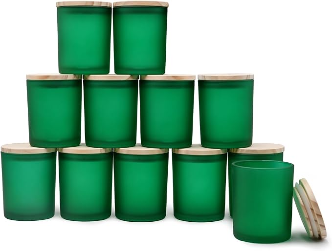 SHOWIN Thick Candle Jars for Making Candles 12 Pcs, 7 OZ Empty Jars with Wood Lids for Candle Making, Sample Container, Frosted Green