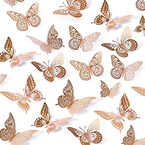 SAOROPEB 3D Butterfly Wall Decor, 48 Pcs 4 Styles 3 Sizes, Removable Metallic Wall Sticker Room Mural Decals for Kids Bedroom Nursery Classroom Party Decoration Wedding Decor DIY Gift (Rose Gold) | 4 Styles 3 Sizes, Removable Metallic Wall Sticker Room...