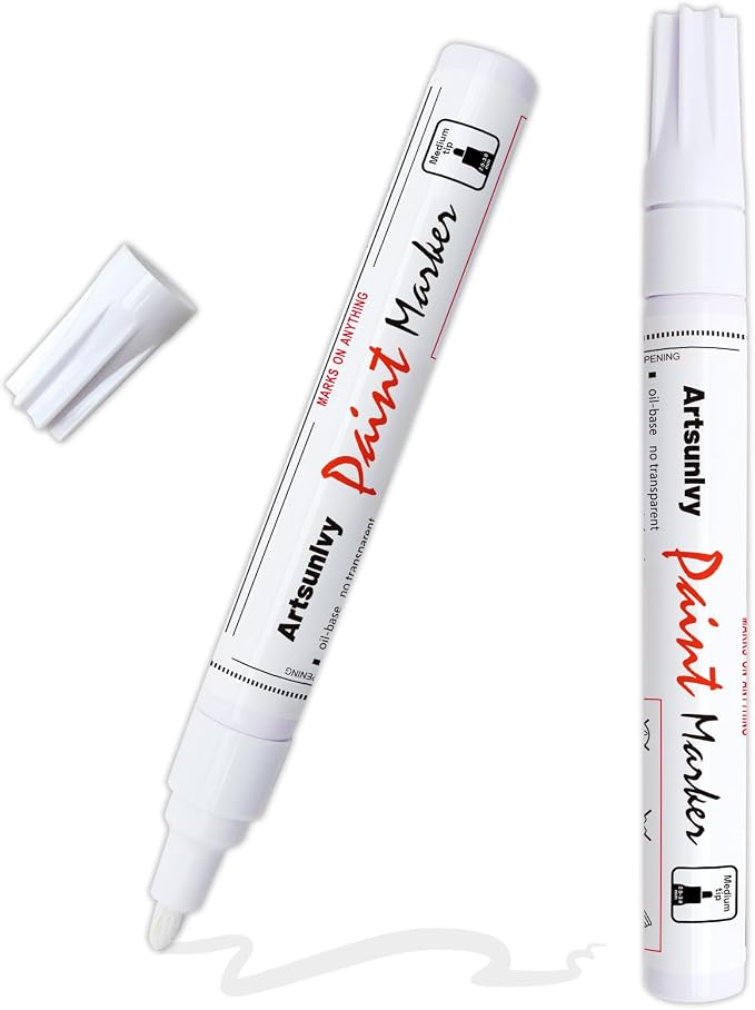 Artsunlvy White Paint Pens marking pens Permanent Markers - 2 Pack Oil Based Waterproof Markers for Tire, Rubber,Wood, Rocks, Metal, Canvas,Plastic, Dark Surface,Craft office Supplies,Medium Point