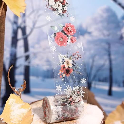 6 Rolls Colorful Winter Floral Washi Tape Set Snowflake Landscape Flower Washi Tapes Transparent PET Tape Stickers for Journaling Junk Journal Supplies Crafts Decorative Tapes Scrap Booking Supples