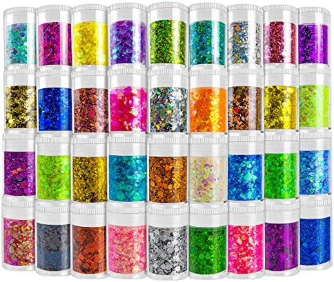 Multicolored Chunky & Fine Glitter Mix, 36 Colors Chunky Sequins & Powder Mix - Iridescent Cosmetic Glitter Flakes for Nail Art, Face, Body, Eyes & Crafts