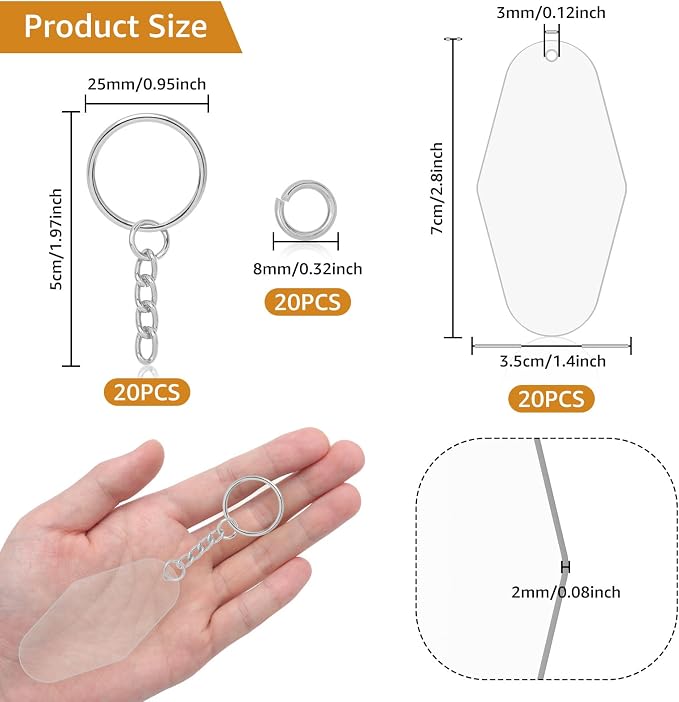Acrylic Blanks Key Tags Kit,Including 20pcs Motel Hotel Shape Retro Acrylic Board 20 Key Rings with Chains and 20 Open Jump Rings Clear Ornament Blanks with Hole for Vinyl Keychain Making DIY Crafts