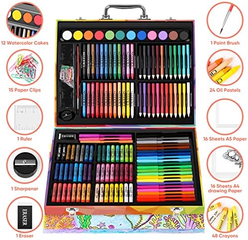 Soucolor 183 Art Drawing Painting Kit, Crayons Pastels Markers, Wooden Case