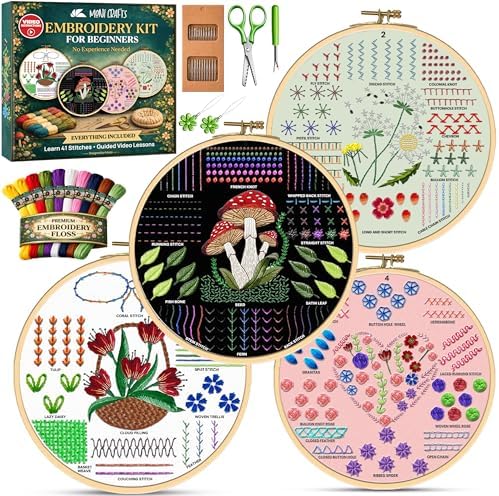 Embroidery Kit for Beginners Adults, 4 Pre-Printed Cloths, 41 Stitches