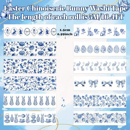 12 Rolls Easter Chinoiserie Bunny Washi Tape for Gift Wrapping