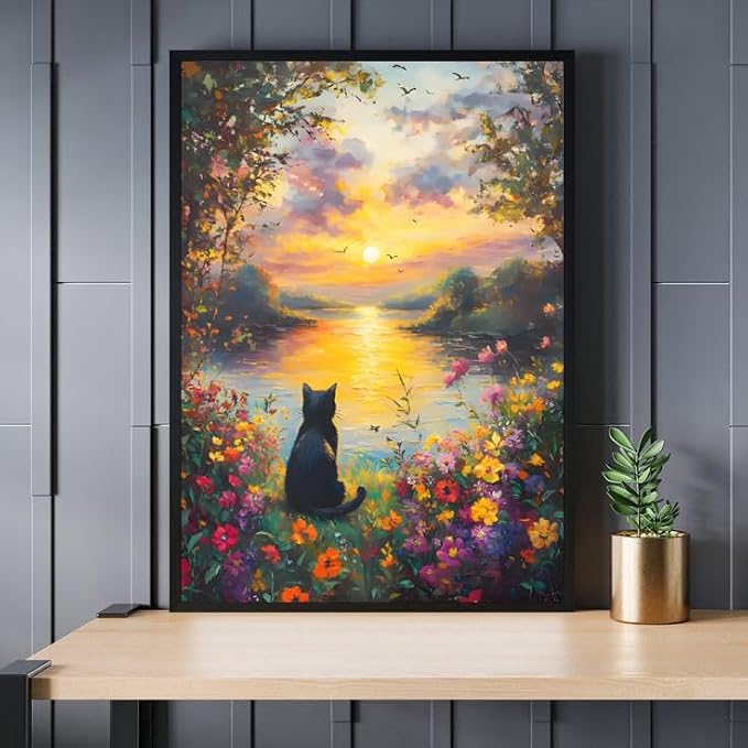 GEWOUVIN Black Cat Diamond Art Kits for Adults, Flower Diamond Painting Kit for Beginners, Round 5D DIY Dimond Art,Full Drill Painting Kit Art and Crafts for Adults Home Wall Decor【11.8x15.7inch】