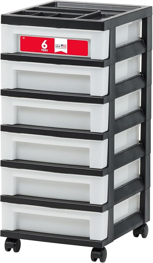 IRIS USA 6-Drawer Rolling Storage Cart with Organizer Top, Black/Pearl