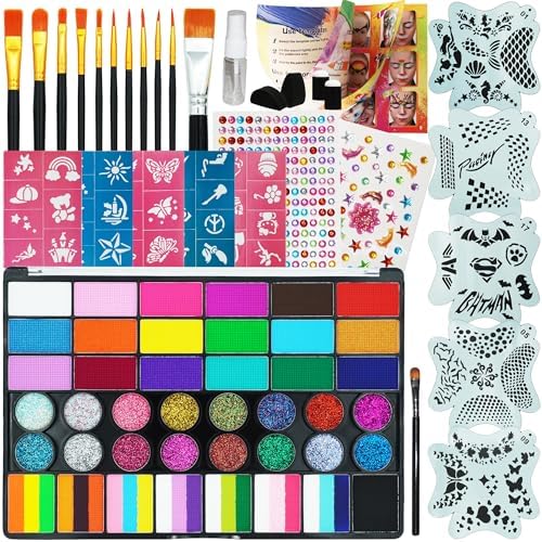 42 Color Face Painting Kit - Non-Toxic Water Activated Face & Body Paint Set with Stencils, Brushes, Sponges - For Halloween, Carnival, Birthday Parties, Costume Makeup, Festivals & Events