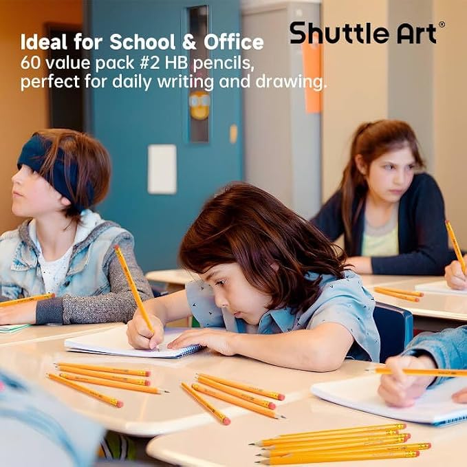 Shuttle Art 60 Pack Pencils, #2 HB, Pre-sharpened Pencils with Top Erasers, Premium Woodcased Yellow Pencil Bulk for Classroom & School Supplies, Writing and Drawing