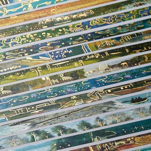 Landscape Washi Tape Set in Oil Painting Style 20 Rolls Scenery Drawing Masking Gold Foil Graphic Decorative Tapes for Arts, DIY Crafts, Journals, Planners, Scrapbook, Wrapping (Classic)