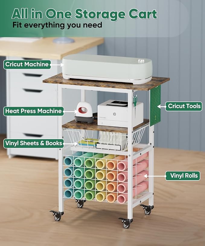 Queension Craft Cart with Wheels for Cricut Machines, Craft Organization and Storage Stand with Basket, Cutting Machine Stand for Cricut Accessories, Vinyl Roll Organizer, White