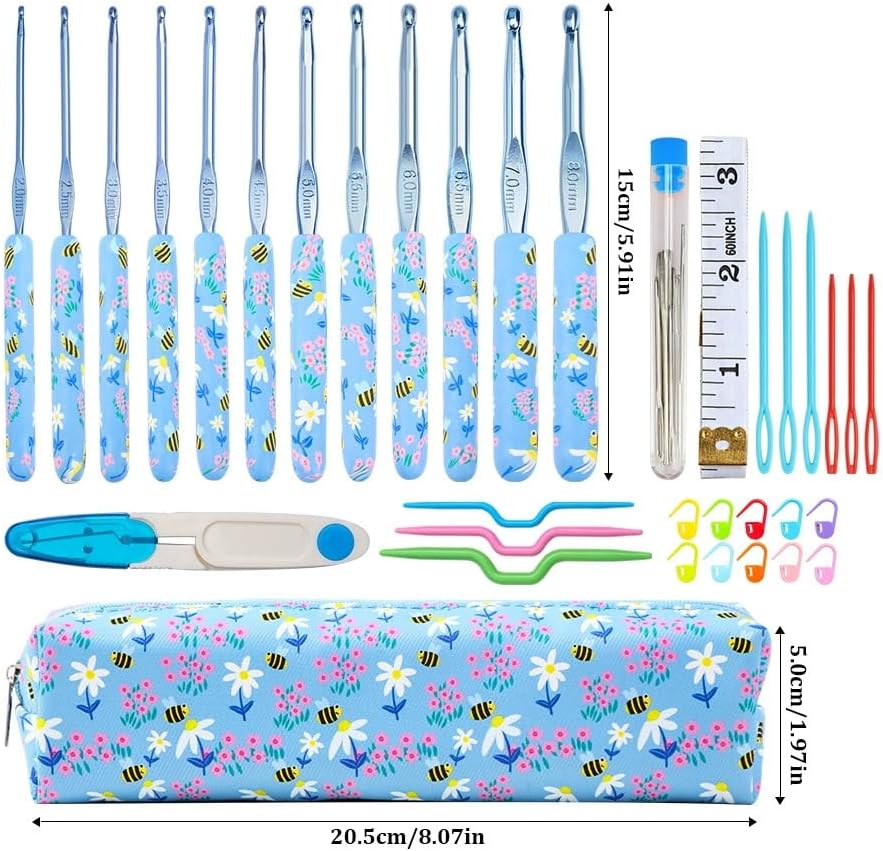 Crochet Hooks Set – 12 Sizes (2.0mm–8.0mm), Soft Grip Handles with Smooth Aluminum Needles, Portable Case, Comfortable Crochet Kit for Long-Time Crocheting & Arthritic Hands