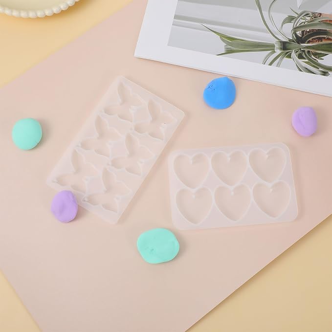 Butterfly Molds Silicone, 2 Pack Fondant Molds 6 Grids Epoxy Resin Mold with Hole Keychain Pendant Mold Heart Shape for DIY Crafts Jewelry Making