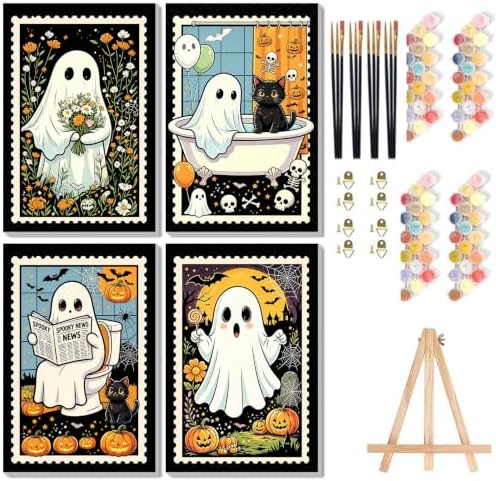 4 Pack Halloween Paint by Numbers Kit for Kids with Frame Easel 8x12 inch