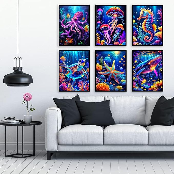 6 Pack Diamond Painting Kits for Adults, 5D DIY Diamond Art Kits for Beginners, Colorful Marine Animals Diamond Dots Kits Gem Arts Crafts for Living Room Bedroom Offices Home Wall Decor 12X16 Inch