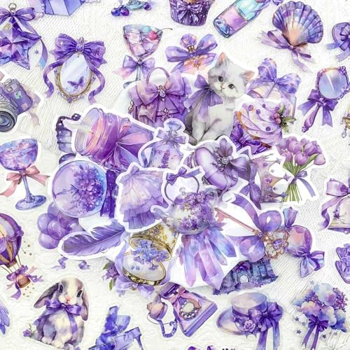 50 Pcs Romantic Purple Dreamy Transparent Scrapbook Stickers – Fantasy Fairycore Crystal Bow Ribbon Castle Animals Clear Journaling Decorative Stickers