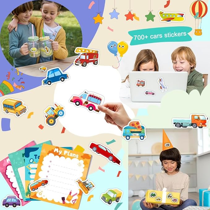 36 Sheets Cars and Trucks Stickers for Kids, 700+ Cute Vehicle Stickers | Transportation Stickers Party Favors Pack Including Cars, Construction,Fire Trucks,Buses,Airplane,Rocket and More!