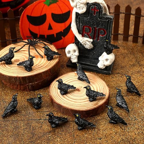 JUNEBRUSHS 50 Pcs Black Mini Resin Crow Halloween Table Decorations