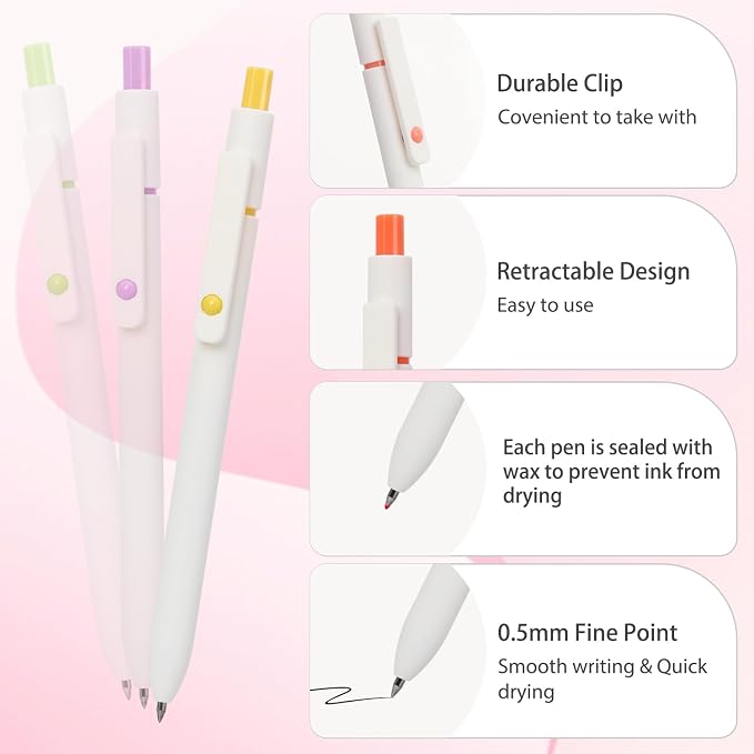 FIOVER Gel Pens 5pcs 0.5mm Quick Dry Black Ink Fine Point Pens