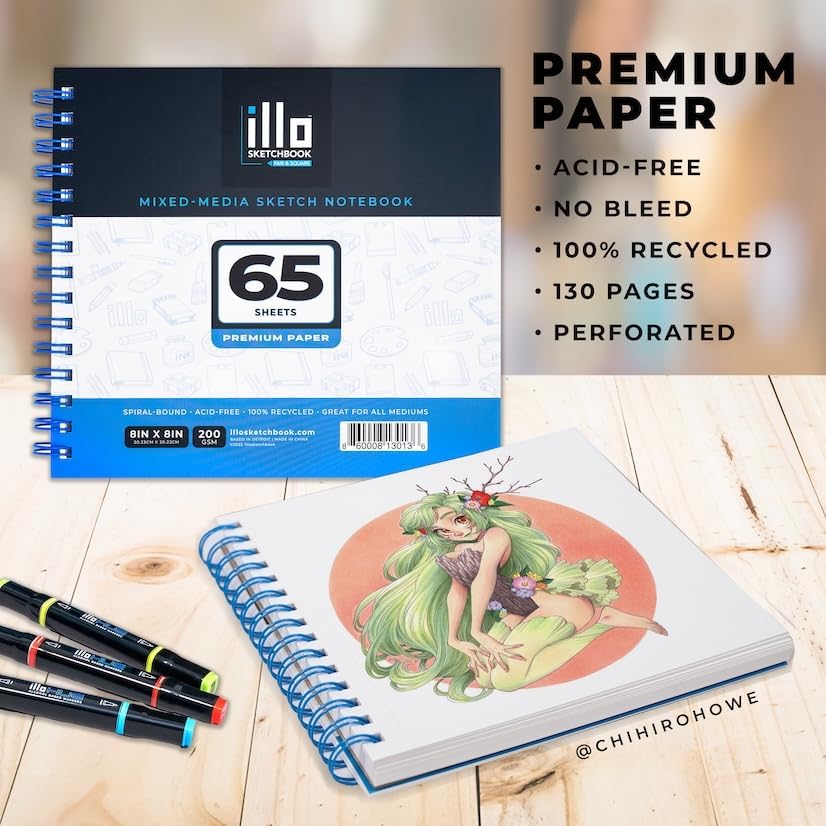illo Sketchbook Mixed-Media 8’’ x 8’’ Spiral-Bound Sketch Notebook, 200gsm Acid-Free Paper, 65 Perforated Sheets for Easy Tear-Out, for All Mediums, for Professionals and Beginner Artists