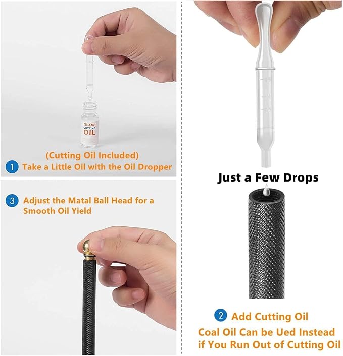 Glass Cutter Tool with Cutting Oil, Professional Glass Cutting Kit with Metal Ball Head, Oil Dropper, and 3 Replacement Cutting Heads