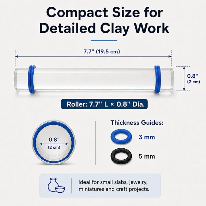 Diyoohomy Clay Rolling Pin Thickness Rings, Acrylic Roller Polymer Tools | Air Dry Clay Supplies Kit, Small Clear Roller with 3 and 5 Mm Adjustable Guides for Sculpting, Shaping, Jewelry Making Crafts