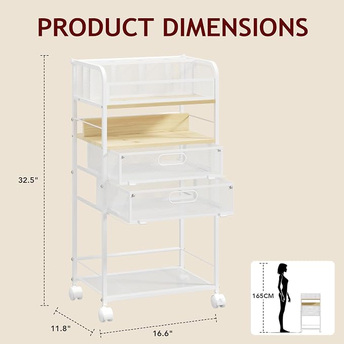Homsorout Art cart, 5 Tier Rolling Cart - Utility Cart with Storage Drawer and Wheels, Versatile Art & Craft Organizer for Home, Office, or Studio Ideal for Storing Brushes, Paints （Maple）