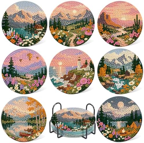 CRZMODE 8 Pcs Landscape Diamond Art Coasters Kits, Diamond Painting Coasters with Holder