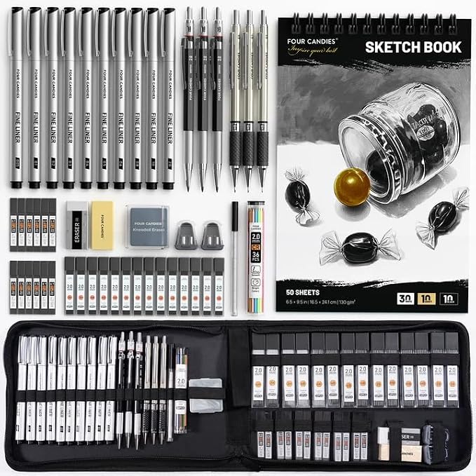 Four Candies 52pcs Art Supplies Sketching Drawing Kit for Beginners Teens | 10 Micron Fineliner Pens, 6 Drafting Mechanical Pencils,3-Color Sketchbook,27 Lead Refills,School Supplies for Adults