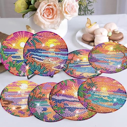8 Pcs Diamond Art Coasters Kit for Adult with Holder, Diamond Coaster 4x4in