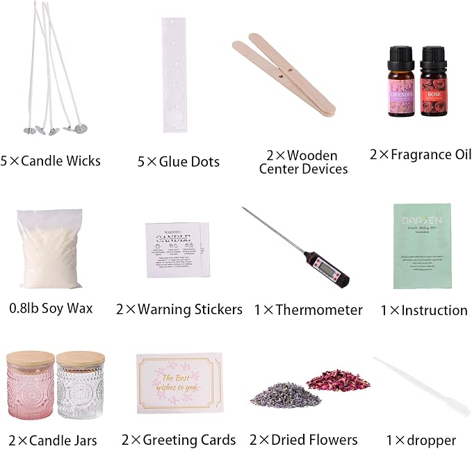 DARJEN Candle Making Kit for Beginners, 2 Jars Soy Wax Scented DIY Set | 100% Soy Wax, 10oz Glass Jars, Natural Cotton Wicks, Pleasant Scents, Instruction& More- Perfect as Home Decorations