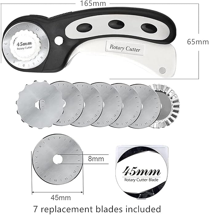 45mm Rotary Cutter with 7pcs Replacement Blades, Ergonomic Handle Rolling Cutter with Safety Lock for Fabric, Leather, paper, Crafting, sewing, Quilting, Perfect for Left & Right Hand(Black)