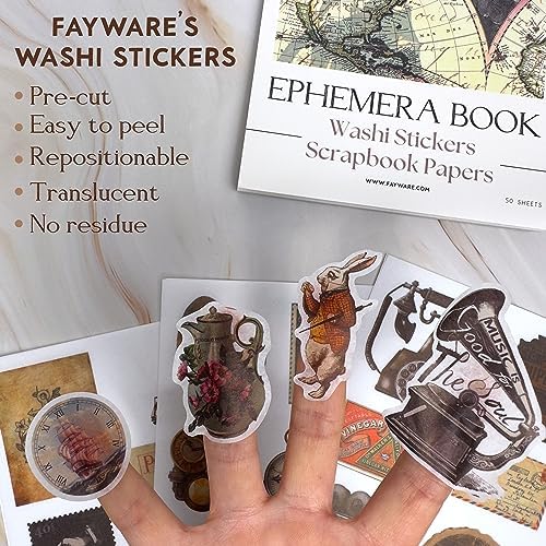 Junk Journal Supplies with 410+ Washi Stickers & Vintage Scrapbook Stickers | FAYWARE Ephemera for Junk Journals, 410+ Stickers for Scrapbooking, 20 Scrapbook Papers