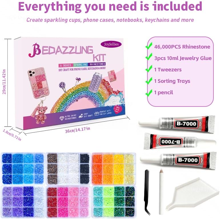 6 Boxes Bedazzling Kit, 3mm 56000Pcs Resin Jelly Rhinestones Kit Flatback Rhinestones Nail Gems Bedazzler Kit with B7000 Jewelry Glue & Tools Bedazzling Kit for DIY Arts & Crafts Gifts
