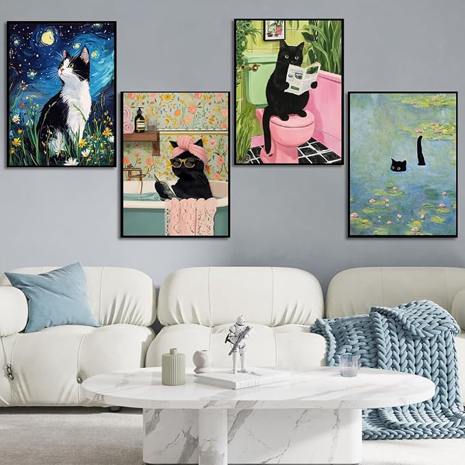 4 Pack Black Cat Paint by Numbers Kit for Adults Beginner with Framed | Easy Adult Paint by Number Kits on Canvas DIY Painting for Beginners Art by Numbers for Home Wall Decor 10x12 in