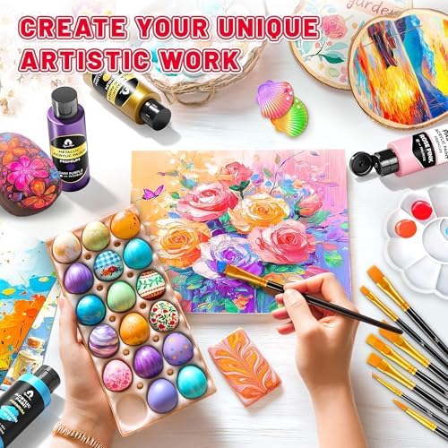 40 Pcs Classic & Metallic & Pastel Acrylic Paint Set with 12 Brushes, 2 Knives & Palette, 24 Colors (2oz/60ml) - for Adults, Kids, Artists & Beginners - Arts and Crafts Painting Kit