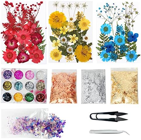 Cayway 82 PCS Natural Dried Pressed Flowers Leaves Glitter and Accessories Kit with Tweezers, Scissors for DIY Candle Resin Jewelry Nail Pendant Crafts Art Floral Decoration
