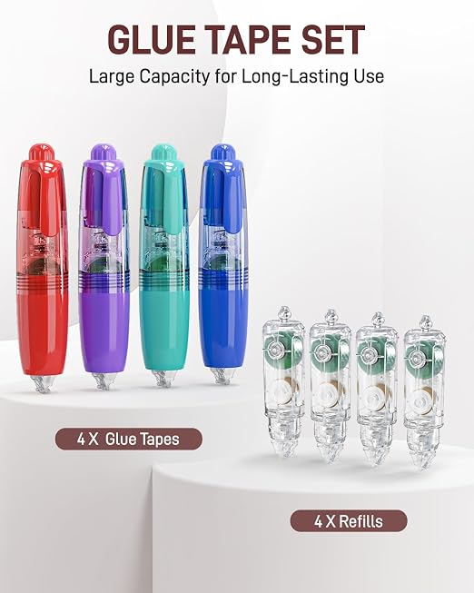 8 Pack Retractable Double-Sided Tape Roller with Glue Dots, Refillable Acid-Free Scrapbook Tape, 360° Rotatable Tip for Gift Wrapping, Photos & DIY Crafts, Office & School Supplies