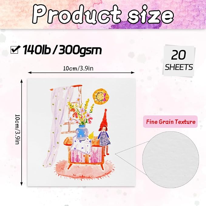 Tearable Square 3.9X3.9 300gsm Portable Fine Textures Watercolor Paper Pad Journal 40pgs (20 Sheets) Travel Size for Calligrapher Watercolour Sketch Book Notebook. White 1pc