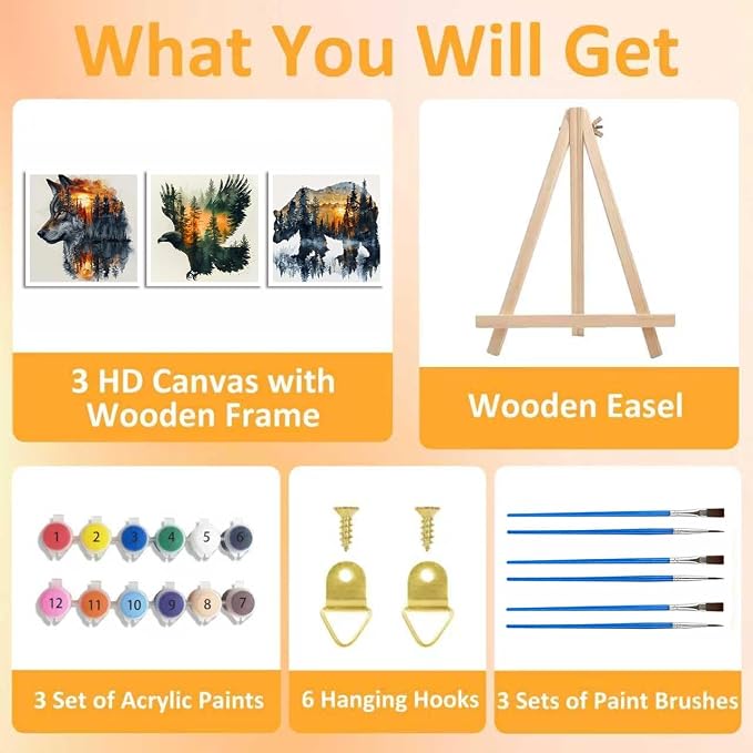 3 Pack Framed Paint by Numbers for Adult with Easel Wild Animals (8x8in) | Wolf Bear Eagle Paint by Number on Canvas Oil Painting Kit with Brushes, Easy Adults' Paint-by-Number Kits for Home Decor