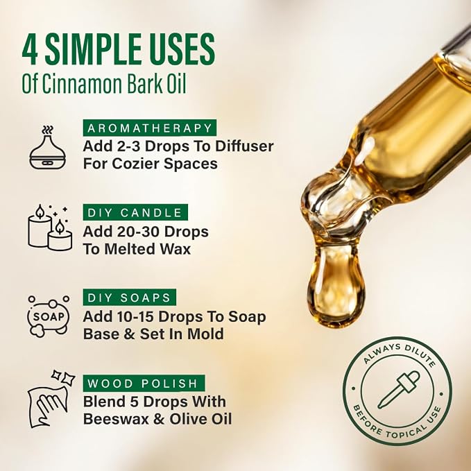 100% Pure Cinnamon Oil 4 Fl Oz - Cinnamon Bark Essential Oil for Diffuser | for Hair, Skin, Aromatherapy, Massage - GC/MS Tested, Non-GMO, Undiluted, Glass Dropper Bottle
